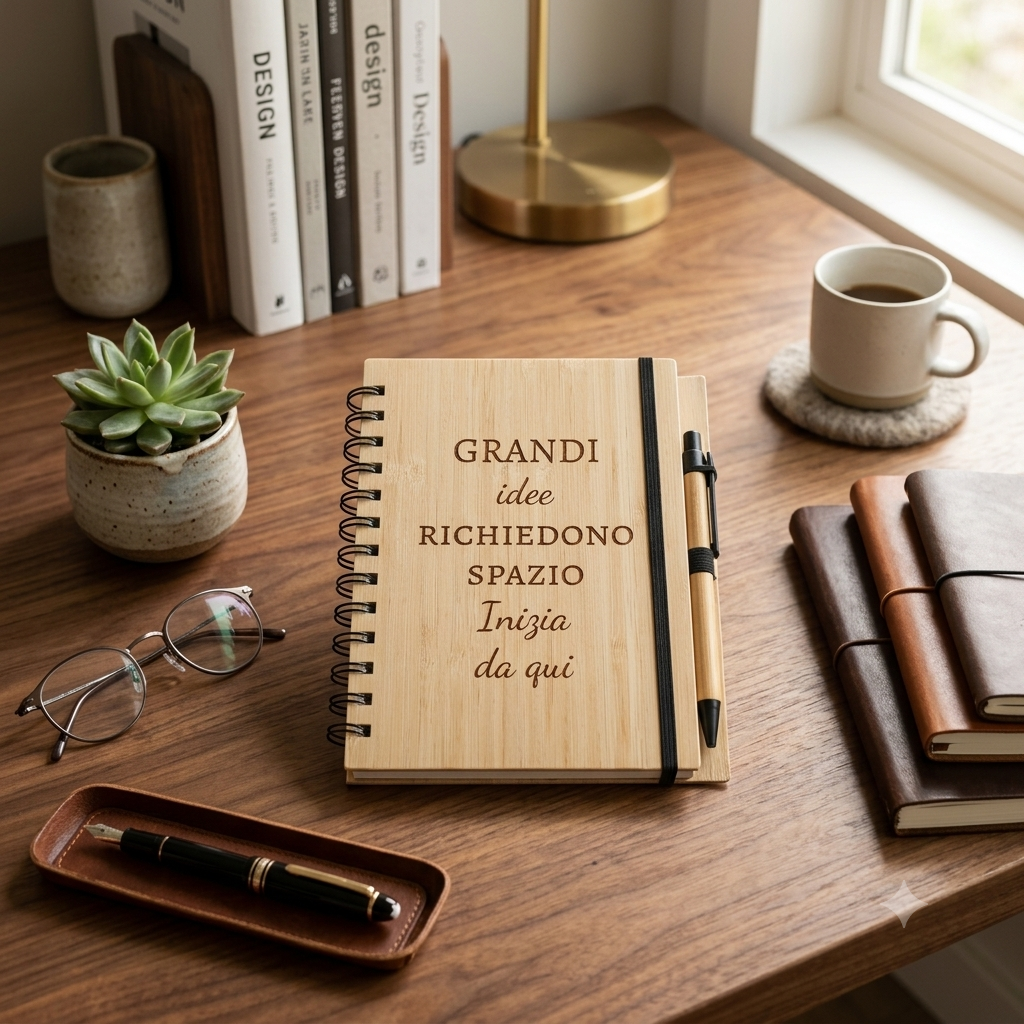 Agenda in bambù con penna personalizzata con incisione laser o vinile