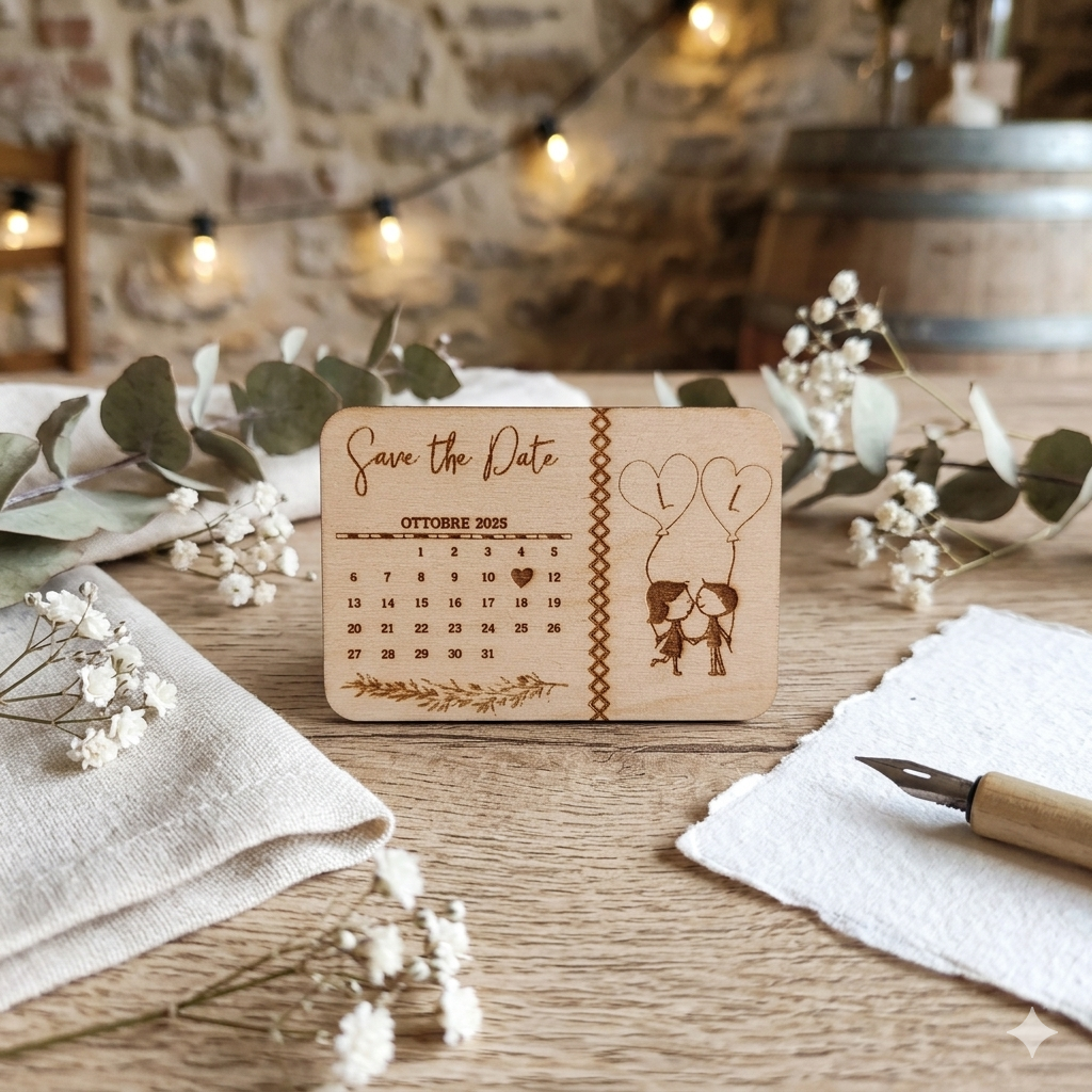 Calamita in legno personalizzata "Save the Date"