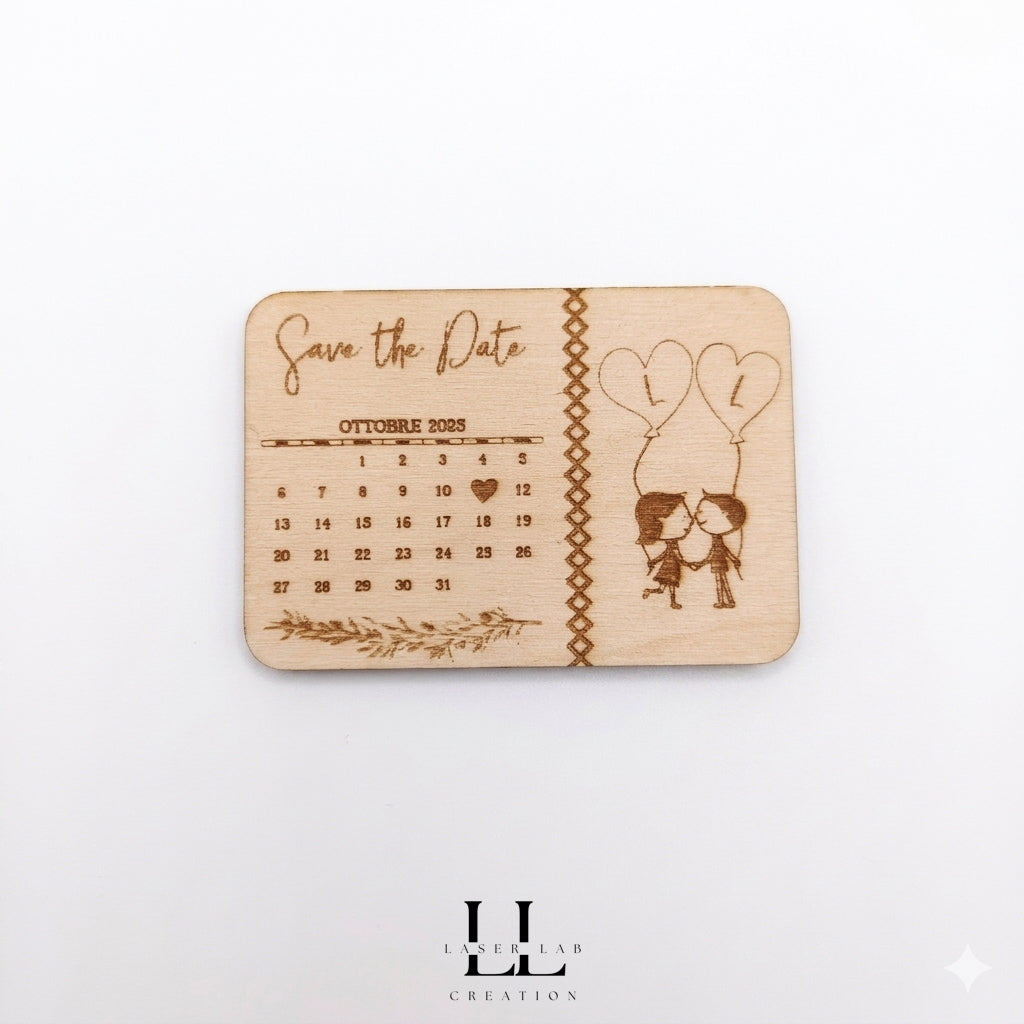 Calamita in legno personalizzata "Save the Date"