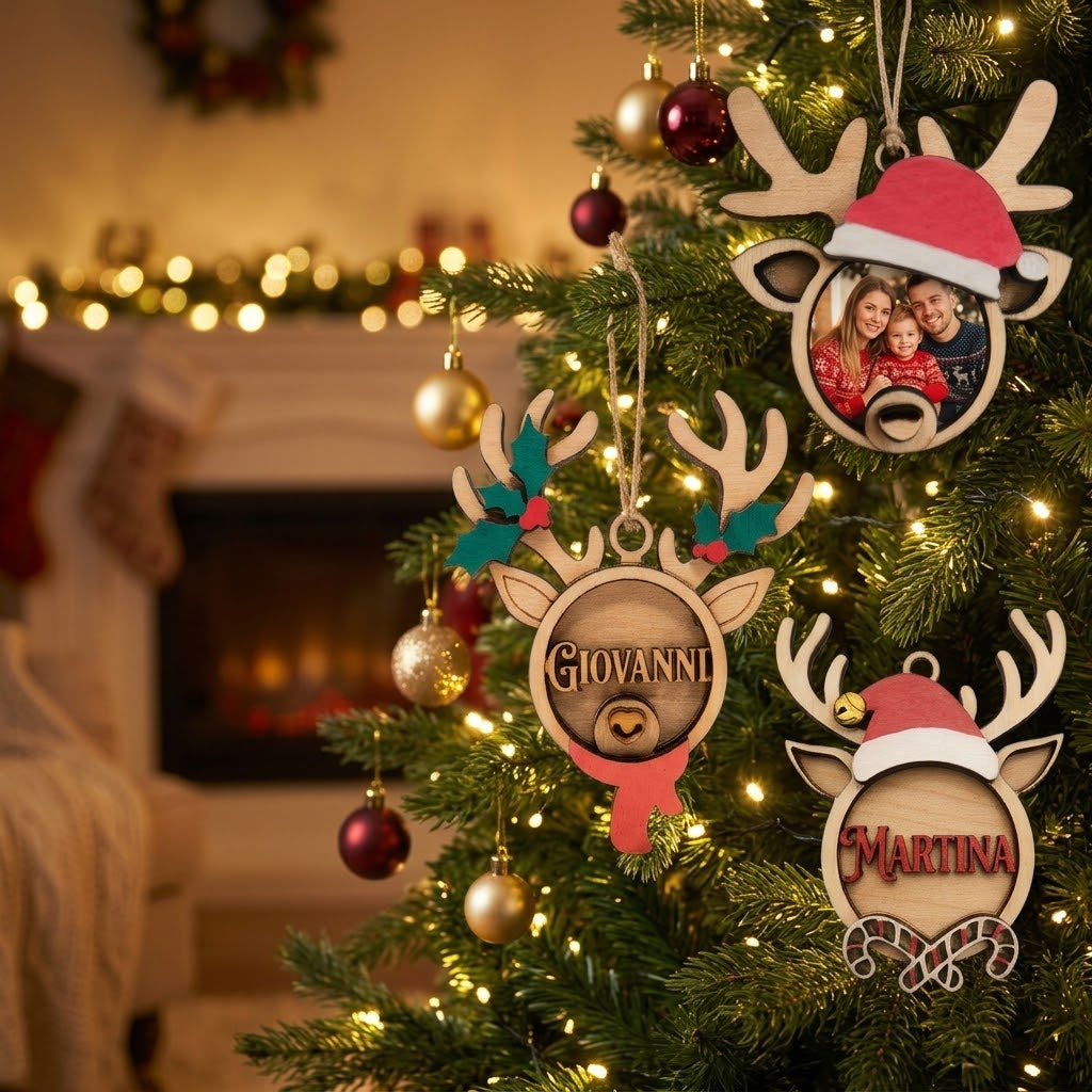 Ornamenti natalizi renne in legno personalizzabili con foto o nome
