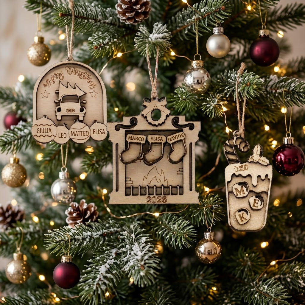 Decorazioni natalizie in legno personalizzabili con nomi o iniziali