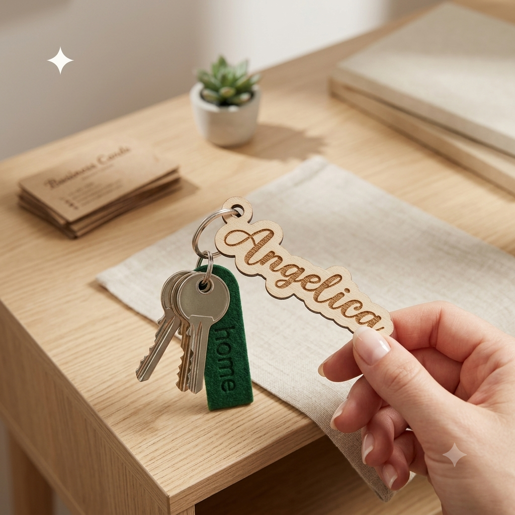 Portachiavi in legno personalizzato con nome inciso e sagomato