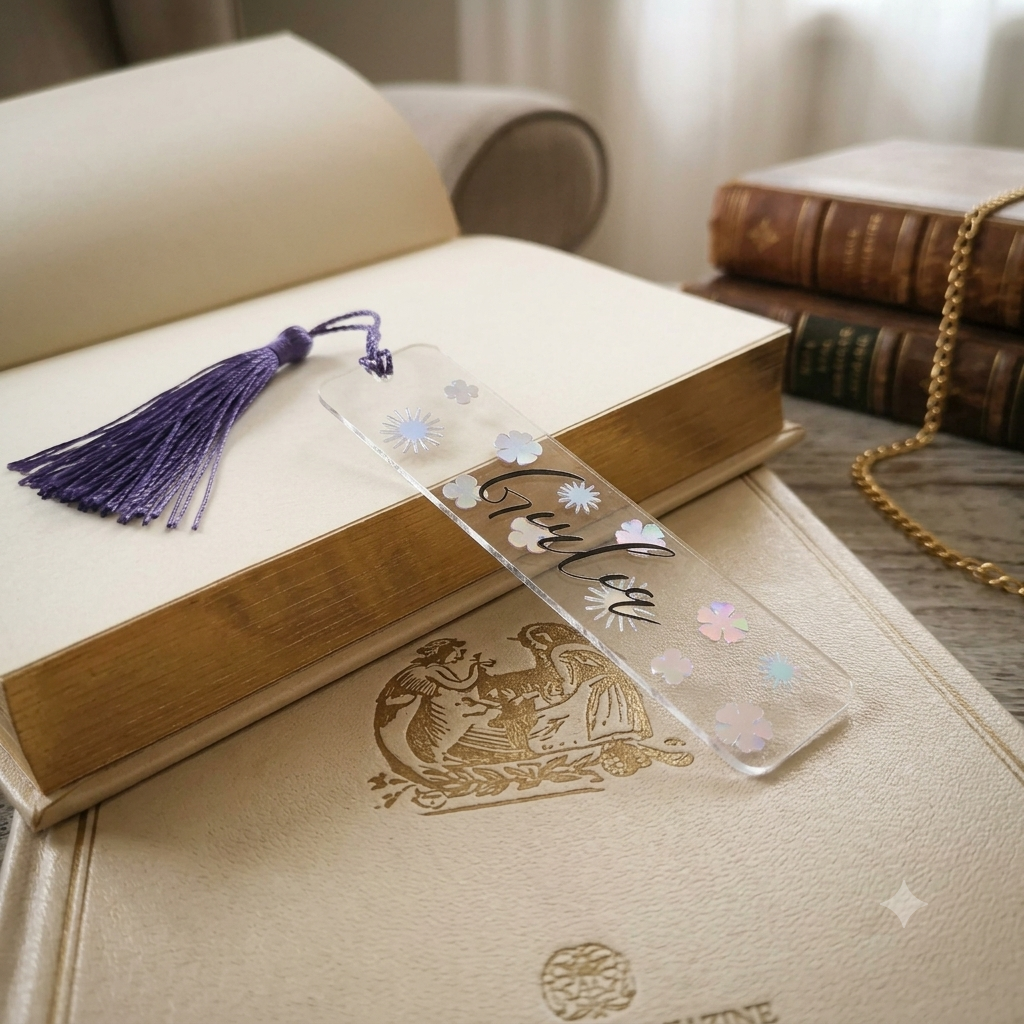 Segnalibro in plexiglass personalizzato con nome e design in vinile