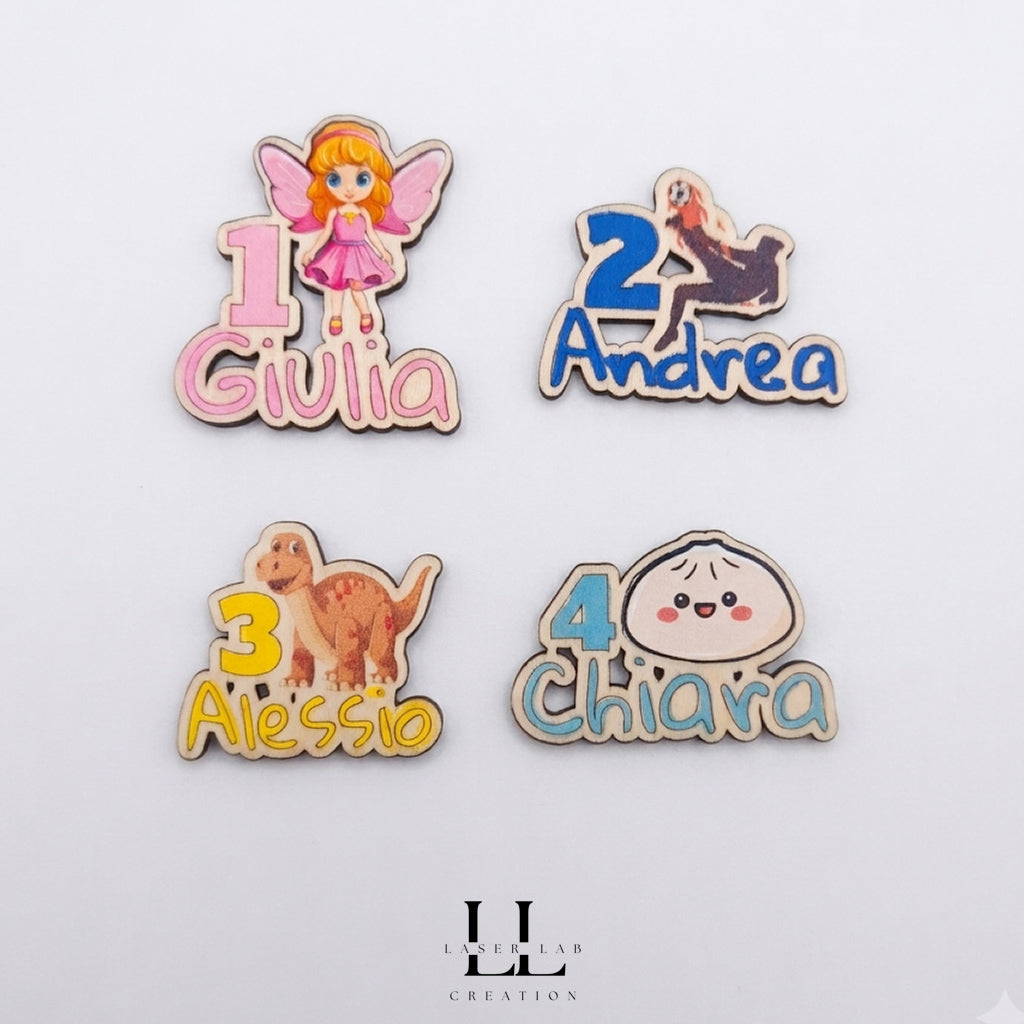 Segnaposto personalizzato per compleanno bambini con numero, nome e personaggio
