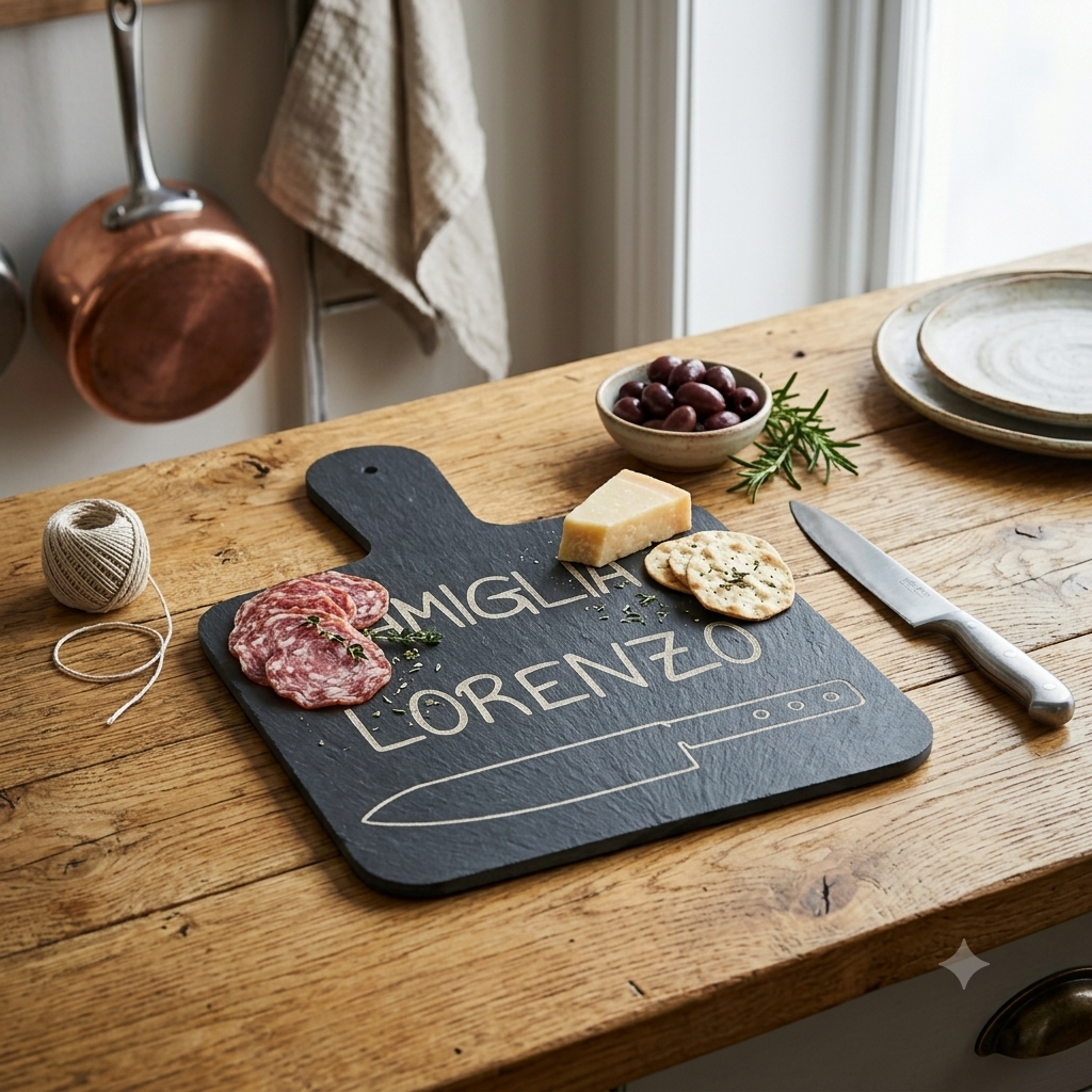 Tagliere con manico in ardesia personalizzato con incisione 26x18 cm